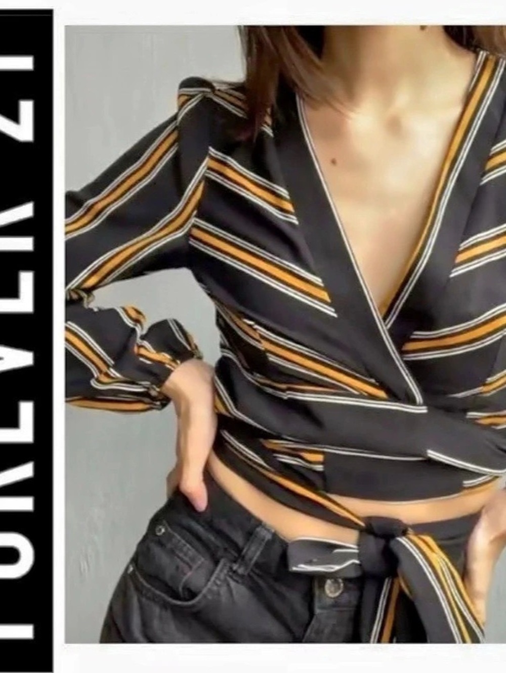 Forever 21 Striped Wrap Crop Blouse in Black & Orange Size Medium